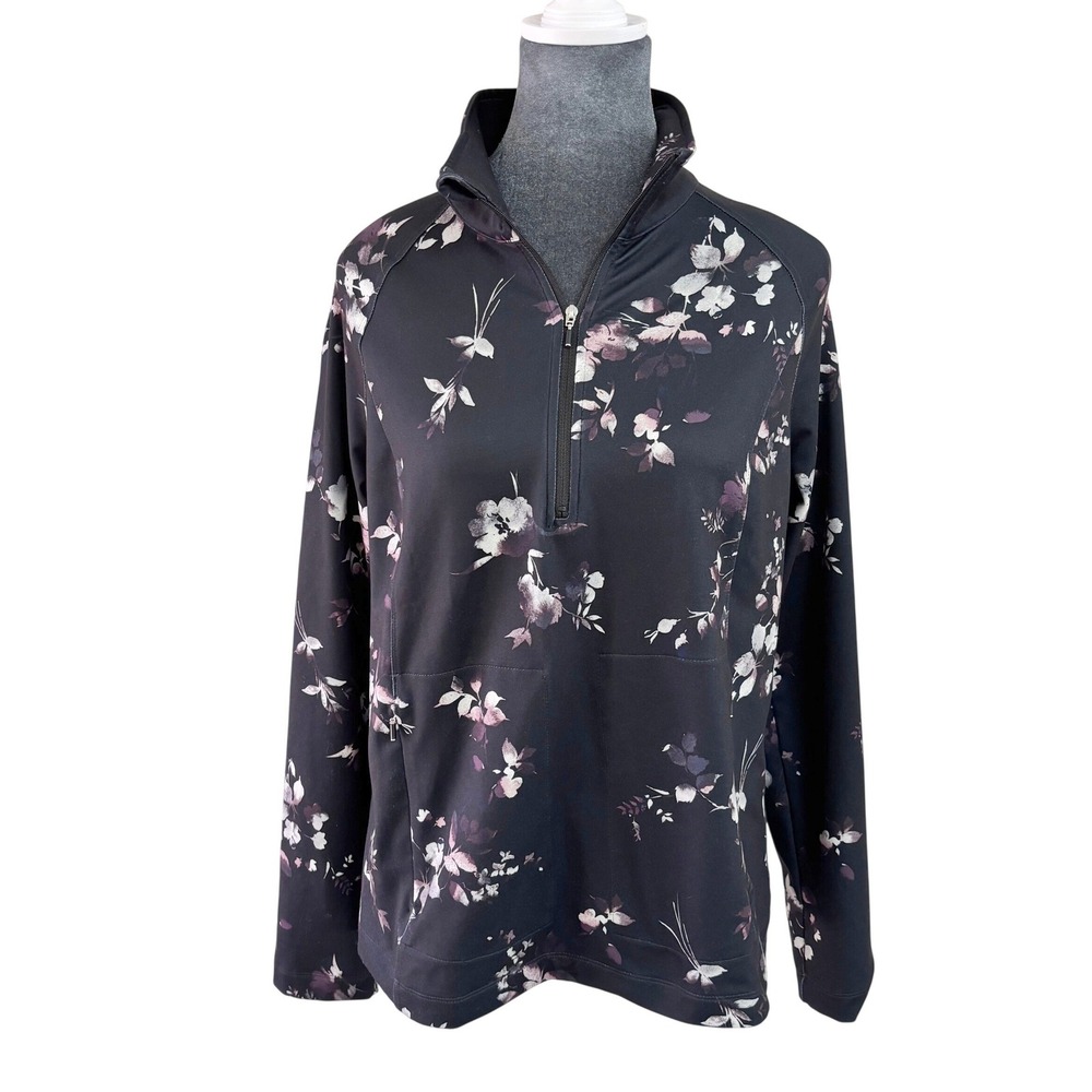 J. Jill Fit Peach-Soft 1/4 Zip Top Black Floral Whimsigoth Athleisure Pullover S